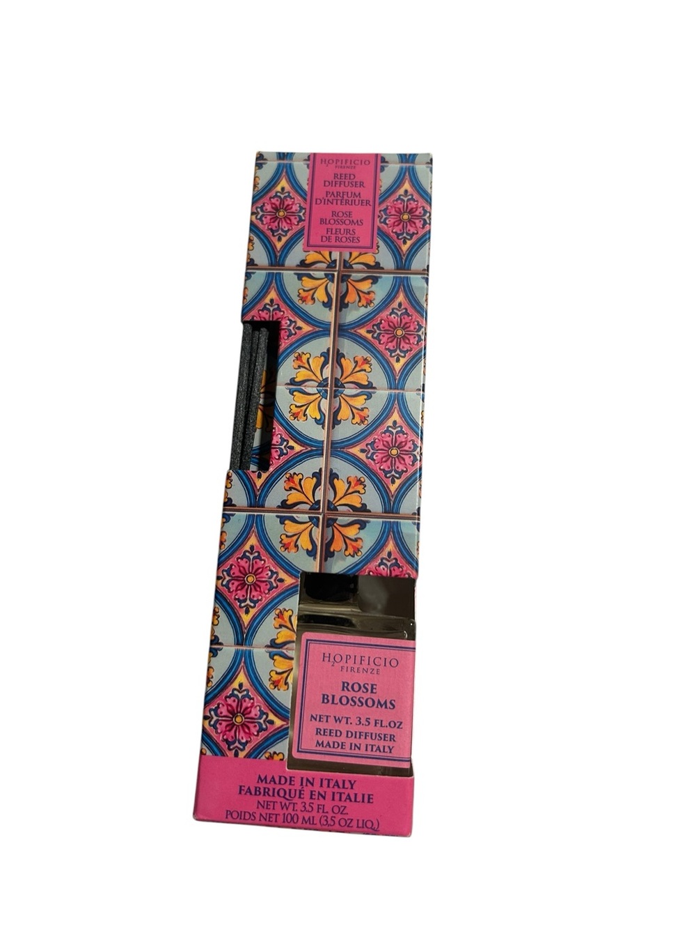 HOPIFICIO Rose Blossoms Reed Diffuser - Pink & Blue Patterned Box